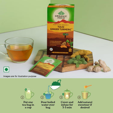 A TATA Product - Organic India Tulsi Ginger Turmeric - 25 Tea Bags, Boosts Immunity, Supports Healing & Recovery, Rich in Antioxidants, Made with Tulsi, Turmeric, Cinnamon, and Pepper